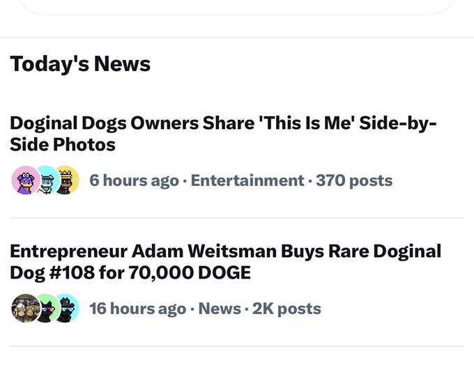 A screenshot of a news feed titled 'Today's News' displays headlines including 'Doginal Dogs Owners Share 'This Is Me' Side-by-Side Photos' and 'Entrepreneur Adam Weitsman Buys Rare Doginal Dog #108 for 70,000 DOGE'.