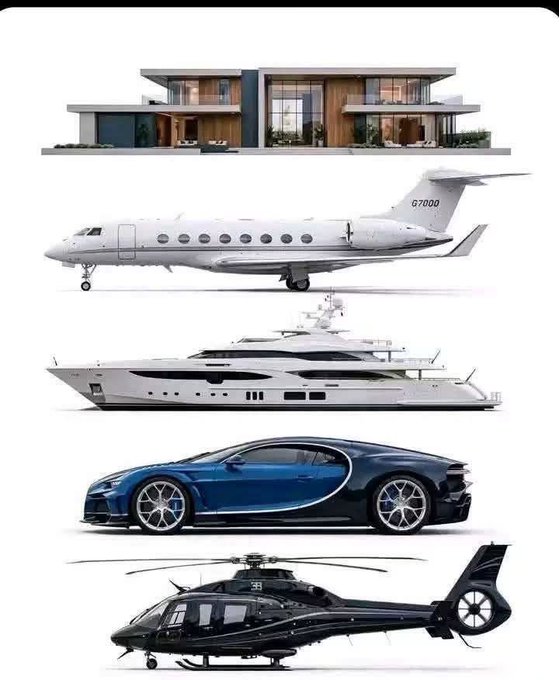 A luxury lifestyle collage featuring a modern mansion, private jet (G7000), superyacht, Bugatti Chiron, and helicopter.