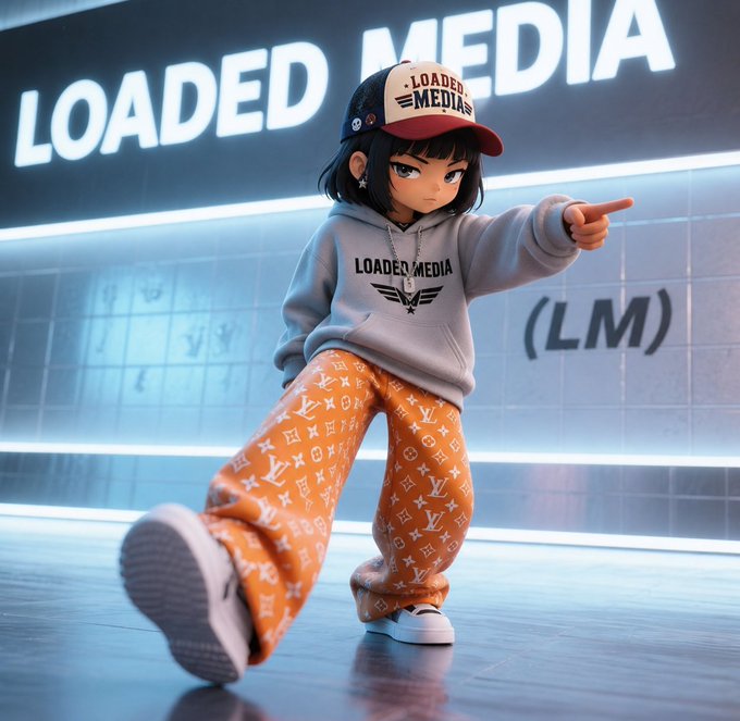 A 3D rendered chibi-style character wearing a 'LOADED MEDIA' cap, grey hoodie, and orange patterned pants, posing in a futuristic setting with large illuminated 'LOADED MEDIA' signage and '(LM)' text in the background.