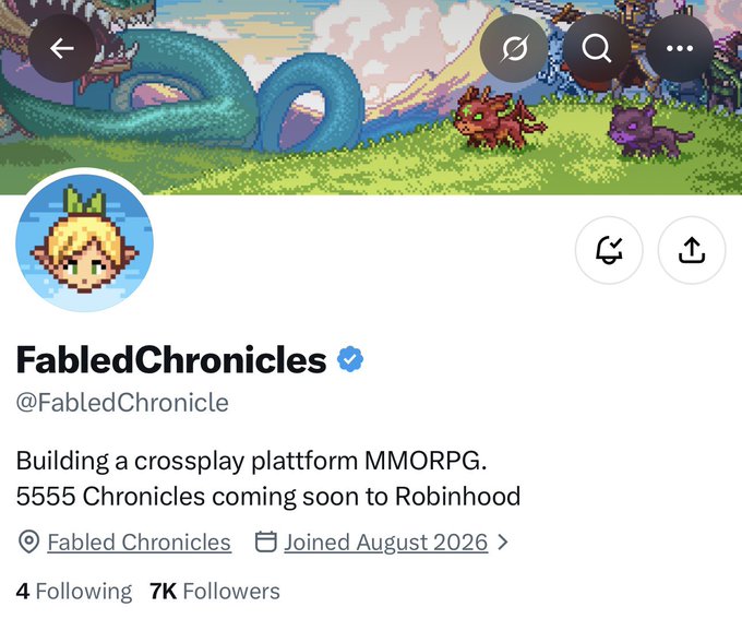 A Twitter/X profile page for FabledChronicles (@FabledChronicle) with a verified badge, describing 'Building a crossplay platform MMORPG. 5555 Chronicles coming soon to Robinhood' with 7K Followers.