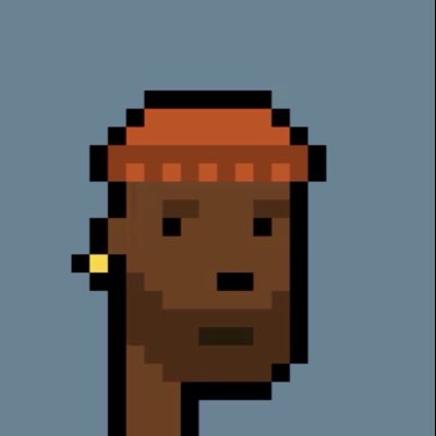 A pixel art style portrait of a dark-skinned character wearing an orange beanie and a yellow earring, set against a blue background.