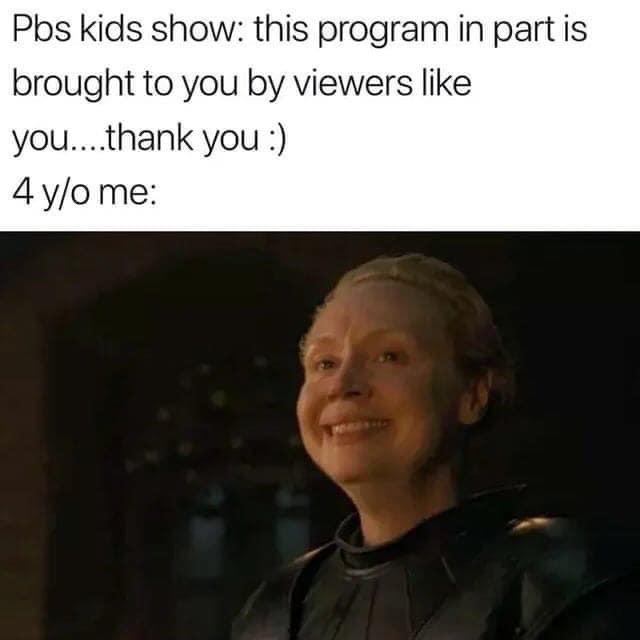 The image features a woman with blonde hair wearing a black outfit, smiling at the camera. Below her, there's text that reads "PSB Kids Show: This program in part is brought to you by viewers like you...". The caption also mentions that the post was created on September 1st and is about 4 years old.