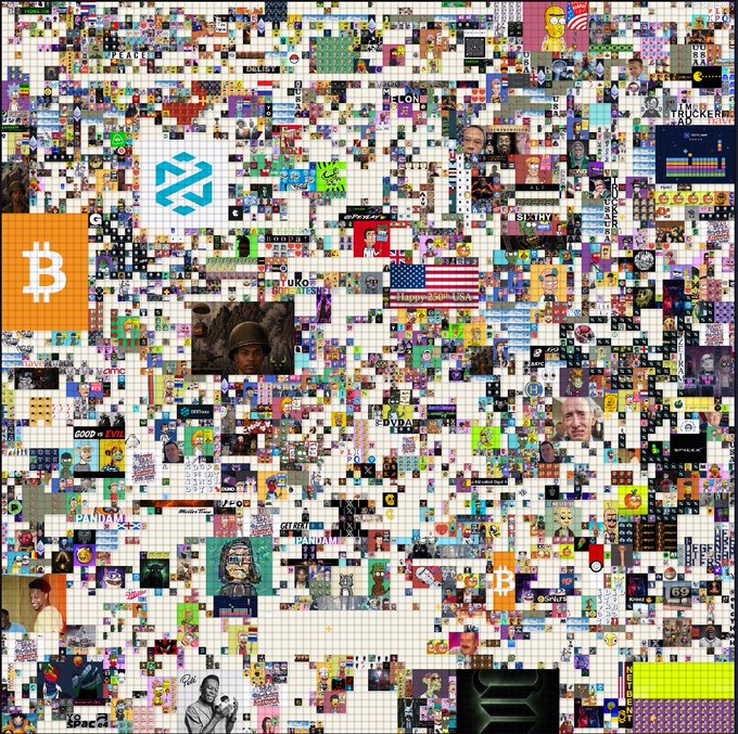 A dense mosaic of hundreds of pixelated tiles from the r/place canvas, featuring recognizable imagery including the orange Bitcoin logo, an American flag with "Happy 250 USA" text, names like "MOTHERFUCKER" and "PANAMA," and various community artworks. The chaotic collage of dots relates to the post's reference to "Dots," suggesting the remaining unfilled pixel spaces on the canvas available for collaboration on the Dotland.io art project before it sells out.