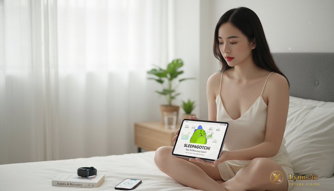 The image features a woman sitting on a bed with her legs crossed while holding a tablet computer, possibly using an app for tracking sleep or relaxation techniques. The room has white walls and curtains, creating a calm atmosphere. There are also several books scattered around the room, suggesting that she might be reading before going to sleep.