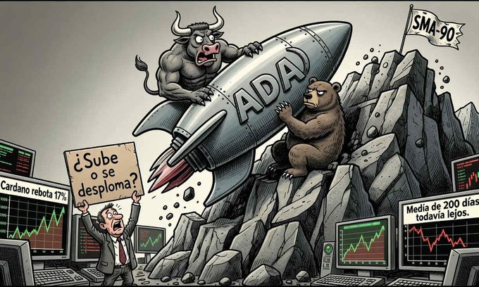 A bull/bear cartoon showing a rocket labeled 'ADA' (Cardano) launching upward between a bull on the left and a bear on the right, with a Spanish trader holding a sign asking '¿Sube o se desploma?' amid charts showing 'Cardano rebota 17%' and 'Media de 200 días todavía lejos'.