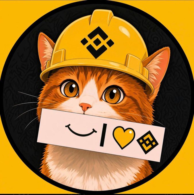 A cute orange and white cat wearing a yellow Binance-themed hard hat holds a sign in its mouth saying "₿ I ❤️ ⬣" (representing BNB and a Binance logo tile), matching the post's playful nod to printing $BNB memes.