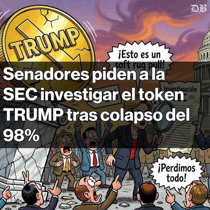 A political cartoon in Spanish showing senators demanding an SEC investigation into the TRUMP token after its 98% collapse, with speech bubbles reading '¡Esto es un soft rug pull!' and '¡Perdimos todo!'.