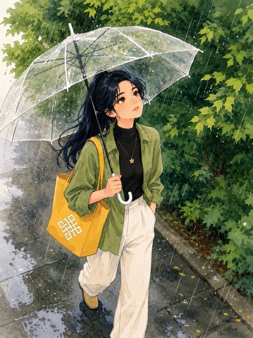 An anime-style illustration of a young woman with long black hair holding a clear umbrella in the rain, wearing a green shirt, white pants, and carrying a yellow tote bag with a white geometric logo.