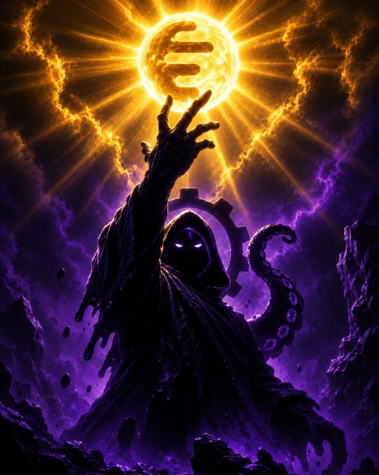 A dark fantasy illustration of a hooded, tentacled figure with glowing white eyes reaching upward toward a radiant golden symbol of three horizontal lines against a dramatic purple and orange cloudy sky.
