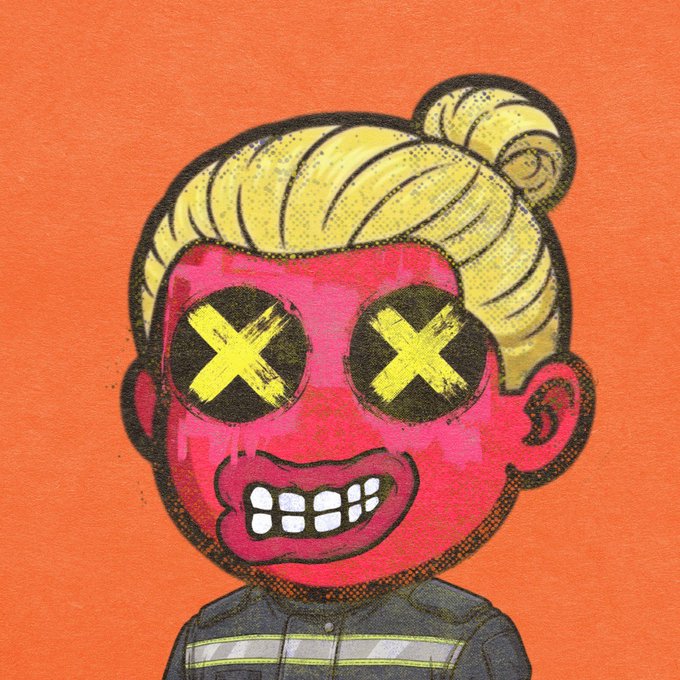 A stylized pop-art illustration of a character with a pink face, blonde hair in a bun, X-shaped eyes, and a grinning mouth showing teeth, set against an orange background.