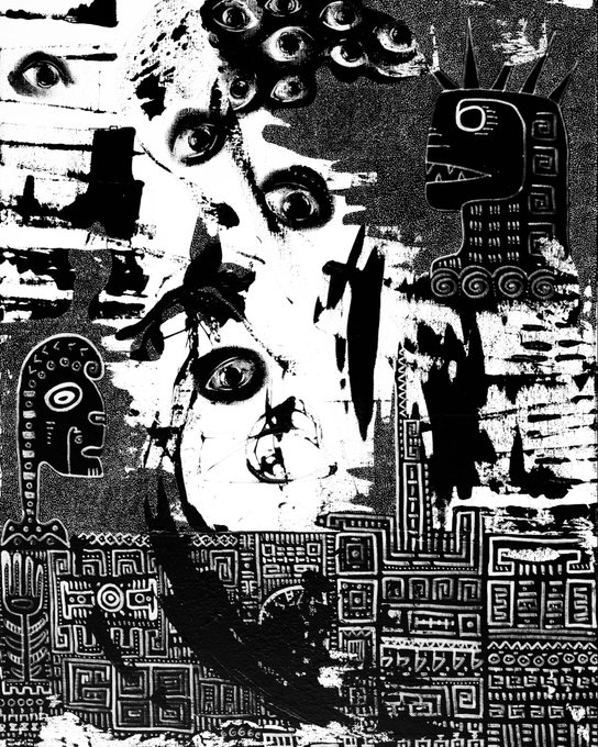 A black and white surreal artwork featuring tribal masks, multiple disembodied eyes, a face silhouette, and ancient-looking cityscape architecture in a chaotic, grungy style.