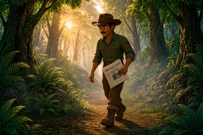 An animated illustration of a mustached man wearing a brown hat, green shirt, and brown pants walking through a sunlit forest path while carrying a newspaper labeled 'THE DAILY NEWS'.