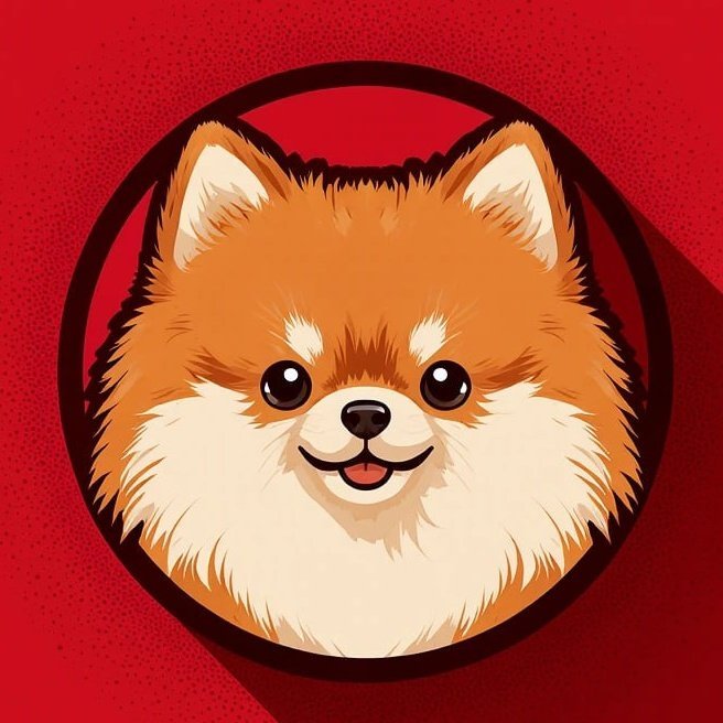 A stylized illustration of a smiling orange Pomeranian dog's face inside a dark circle against a red dotted background.