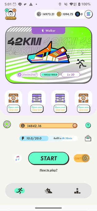 A mobile app screen titled '42KMI' displays a runner character, level 30, with stats showing 216,062,167 and a 'START' button to begin gameplay.