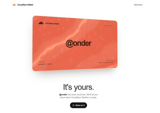 A confirmation page showing a Cloudflare Wallet card in bright orange with the reserved tag "@onder" displayed prominently in the center, accompanied by the message "It's yours." and noting that the user has successfully reserved the handle on cloudflare.pay.