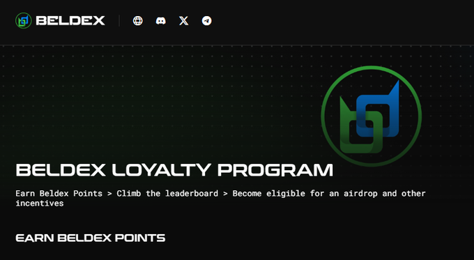 A dark promotional graphic for the Beldex Loyalty Program shows the Beldex logo and the text 'Earn Beldex Points > Climb the leaderboard > Become eligible for an airdrop and other incentives'.