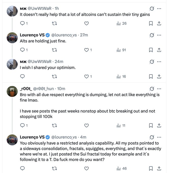 A screenshot of an X (Twitter) thread discussing cryptocurrency market conditions, featuring a debate between users @UwWtWaR, @lourenco_vs, and @r00t_hun about altcoins and BTC potentially reaching 100K.
