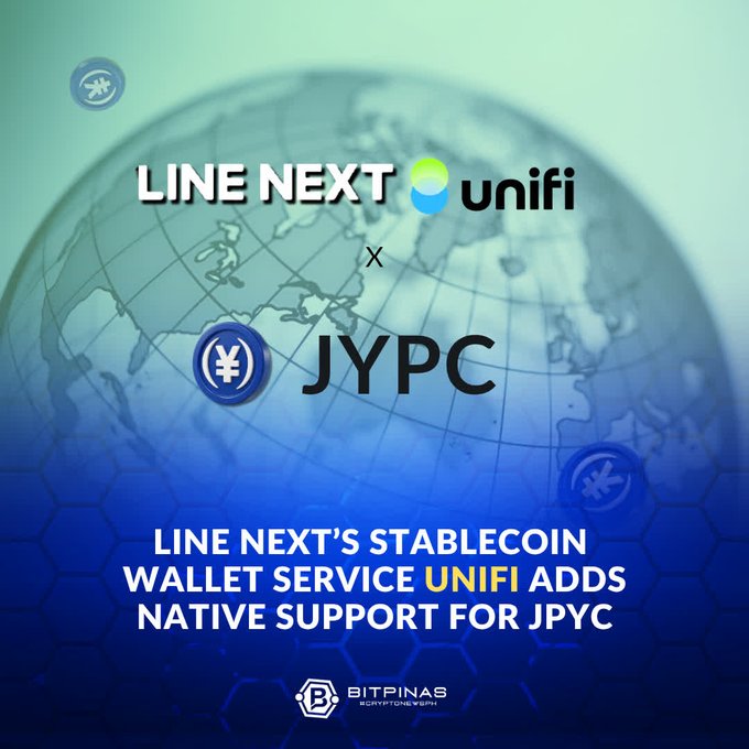 The image features a globe with the text "LINE NEXT's stabblecoin wallet service Unifi adds native support for JPYC starting May 22, 2026", which indicates that the stablecoin wallet service has been added to the platform. The text also mentions that this feature is available in Japanese and can be accessed through the Japanese yen-pegged stablecoin, JPYC.