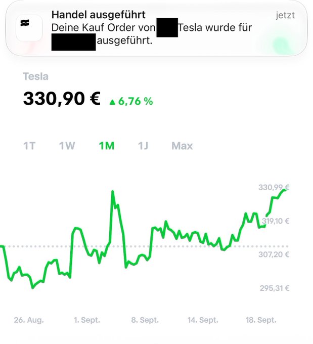 A smartphone screenshot of a stock app showing Tesla (330,90 €) with a 6.76% increase, displaying a 1-month price chart and a notification that a buy order was executed.