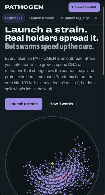 A dark-themed webpage screenshot for "PATHOGEN" with tabs for Outbreaks, Launch a strain, and Mutation registry, featuring the headline "Launch a strain. Real holders spread it. Bot swarms speed up the cure" and a network/constellation visualization at the bottom.