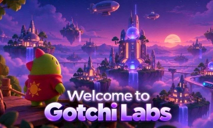 A fantasy-style digital artwork shows a green dinosaur-like character with a red shell overlooking a floating city with castles and airships, accompanied by the text 'Welcome to Gotchi Labs'.