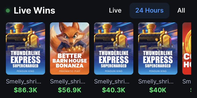 A "Live Wins" section displays recent slot game wins over a 24-hour period, with the user "Smelly_shri.." hitting multiple wins on "Thunderline Express Supercharged" by Penguin King totaling $86.3K, $40.3K, and $40K, along with a $56.9K win on "Better Barn House Bonanza" by Pragmatic Play, perfectly illustrating their successful day on the Thunderline Express.
