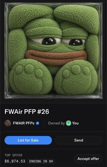 A screenshot of an NFT marketplace listing for 'FWAiR PFP #26', showing a green plush-style frog character, with a top offer of $6,874.53 ending in 6 hours.