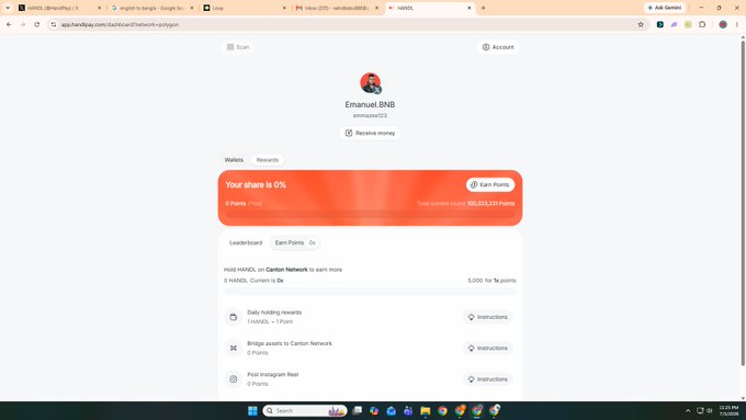 A screenshot of a HandPay dashboard for user 'emmanuel.bihb' (emmanuel23), showing a 0% share with 100,051,390 points and an earning rate of 5,000 points per 1k HANDL.