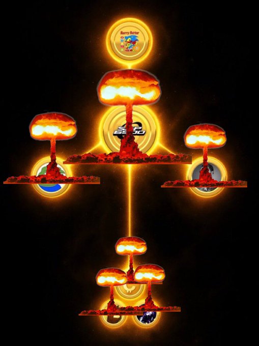 A stylized illustration featuring mushroom clouds and various cryptocurrency logos including Berry Patter, BSC, and BNB against a dark background.