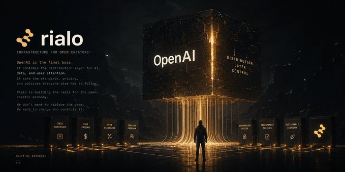 A promotional image for 'rialo' by bitfinex, titled 'INFRASTRUCTURE FOR OPEN CREATORS,' featuring a glowing cube labeled 'OpenAI' with text describing OpenAI as the 'final boss' and Rialo building rails for the open creator economy.