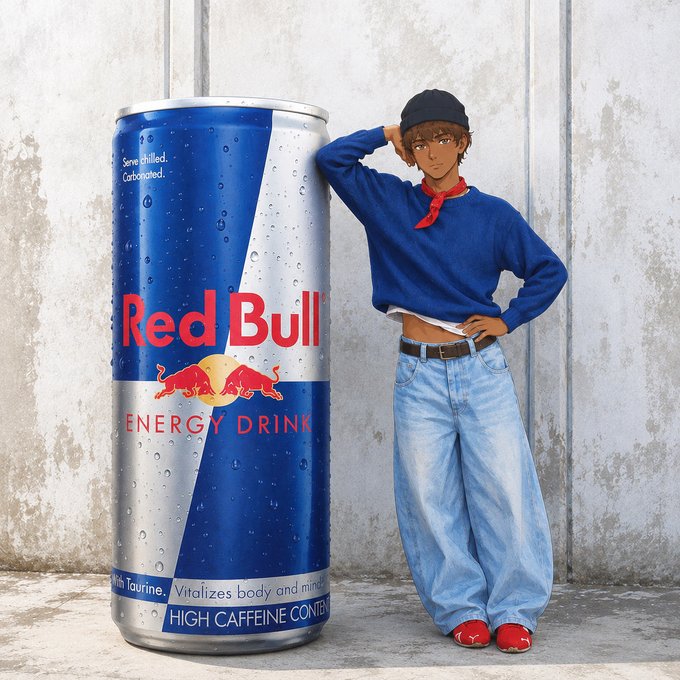An illustrated figure in a blue sweater and jeans leans beside a giant Red Bull can, with the can's text "Serve chilled. Carbonated," "Red Bull ENERGY DRINK," and "HIGH CAFFEINE CONTENT" visible. The image playfully ties to the post's theme of foundational products giving wings to broader creations—Red Bull, already a recognizable energy drink, becomes an oversized canvas for what developers can build on top of tools like @quipnetwork's verified credential infrastructure.