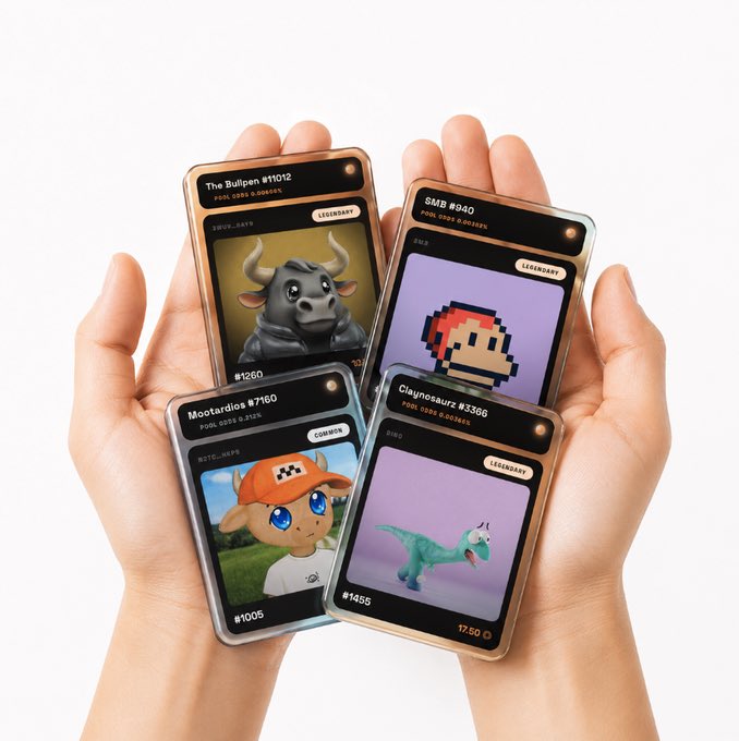 Hands hold four collectible NFT-style cards featuring characters like 'The Bullpen #1012' (Legendary bull), 'SMB #940' (Legendary pixel character), 'Moetardios #7160' (Common figure), and 'Clynosaurz #3366' (Legendary dinosaur).