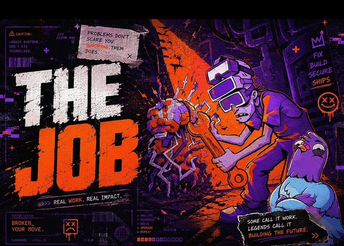 The image features a poster for "The Job" with an illustration of a man wearing a virtual reality headset, holding a wrench, and surrounded by other people who are also wearing virtual reality headsets. The poster includes text that reads "The job title that will exist in 2030 Human Texture Consultant Already exists today but nobody wants to admit yet @RallyOnChain is basically doing this. They're building community infrastructure that doesn't feel like cold automation. It feels like real humans connecting Most".