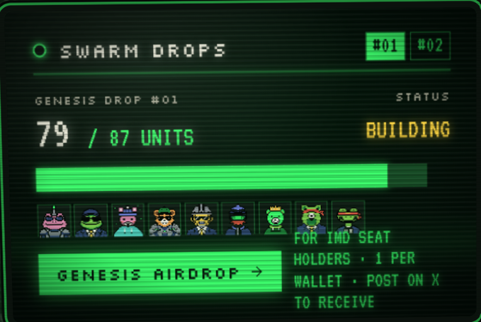 A green pixel-art style dashboard titled 'SWARM DROPS' showing 'GENESIS DROP #01' with 79/87 units at 'BUILDING' status, featuring a row of pixel character icons and text 'FOR IMD SEAT HOLDERS • 1 PER WALLET • POST ON X TO RECEIVE' next to a 'GENESIS AIRDROP' button.