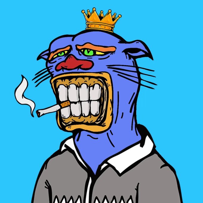 A cartoon illustration of a blue, feline-like character with green eyes, large teeth, wearing a gold crown and smoking a cigarette against a bright blue background.