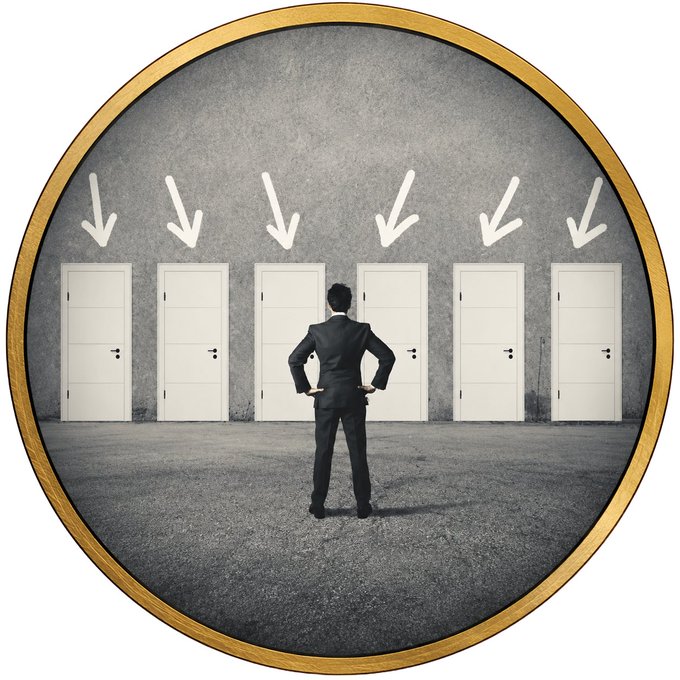 A circular framed illustration showing a man in a suit standing with his back turned, facing six white doors marked with downward-pointing arrows in a gray room.