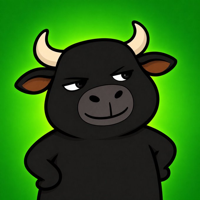 A cartoon black bull with cream-colored horns gives a smug, knowing smirk against a green background. The image embodies the confident, unfazed "$BULLIO" persona referenced in the post—a wise, unbothered bull who already sees what the market timeline hasn't figured out yet, fitting the tagline "the bull who already knows."