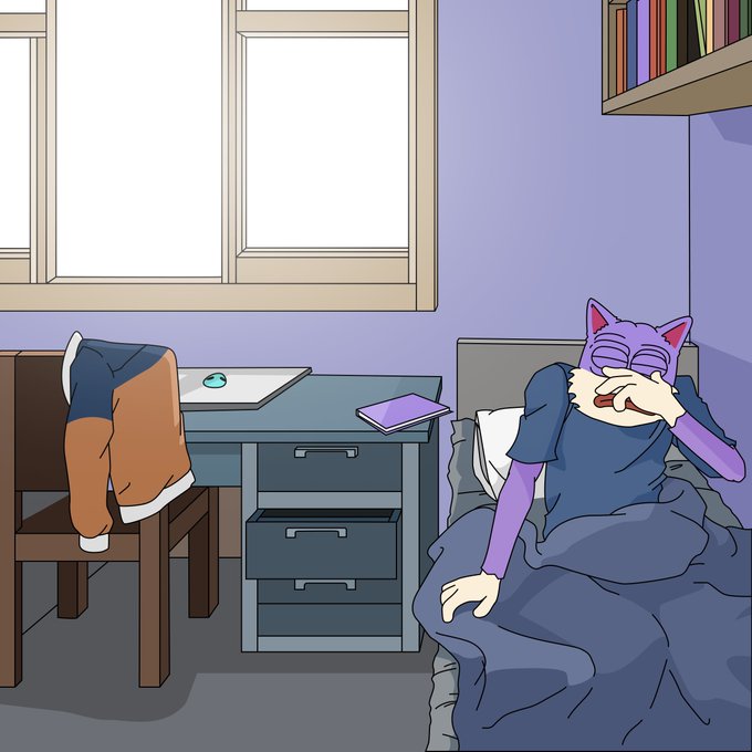 Pixel art illustration of a person in bed wearing a purple cat-eared hoodie, next to a desk with a chair draped in a brown jacket.