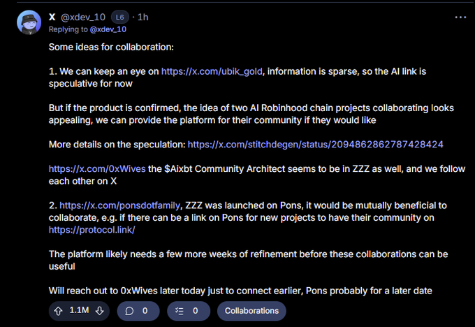 A screenshot of an X (Twitter) post by @xdev_10 outlining collaboration ideas, mentioning AI Robinhood chain projects, $Aixbt Community Architect, and platforms like Pons and protocol.link. Shows 1.1M views.