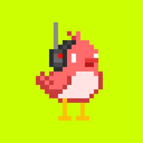 A pixel art illustration of a pink chicken-like character holding a device with an antenna and red button, standing on a bright lime green background.