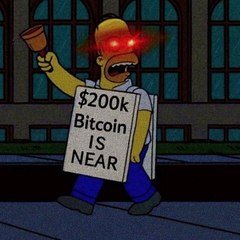 A Simpsons character with glowing red eyes, wearing a sign reading "$200k Bitcoin IS NEAR," holds a torch in a torchlit protest scene—perfectly matching the post's message about fixating on a single bullish signal ("green candle") while the rest of the portfolio is burning down.