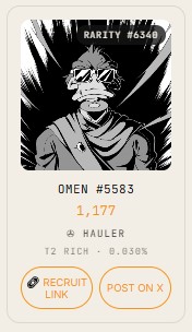 A black and white NFT character card showing 'Omen' #5583 with rarity #6346, featuring a masked figure, 1,177 supply, and 'TZ Rich • 0.030%' tag with Recruit Link and Post on X buttons.