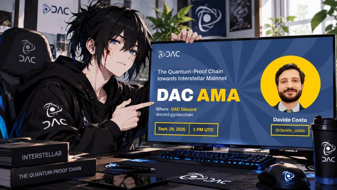 Promotional graphic for a 'DAC AMA' featuring an anime-style avatar pointing at a screen announcing 'The Quantum-Proof Chain towards Interstellar Mainnet' with guest Davide Costa (@davide_costa) on Sept. 29, 2025 at 1 PM UTC.