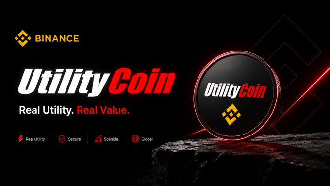 A Binance promotional banner features 'UtilityCoin' with the tagline 'Real Utility. Real Value.' highlighting features like Real Utility, Secure, Scalable, and Global alongside a 3D coin graphic.