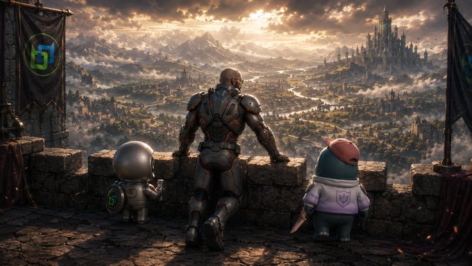 A futuristic armored soldier kneels on a stone battlement alongside a small round robot and a penguin-like figure in a hoodie, overlooking a vast fantasy landscape with castles and mountains at sunset.