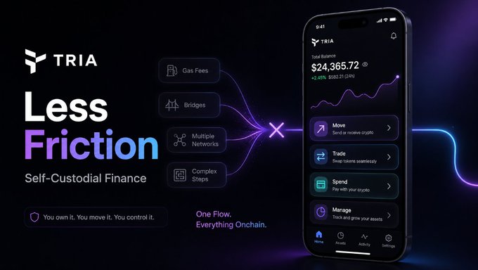 The image features a black background with an advertisement for a self-custodial finance app, specifically for Tria. The main focus of the ad is a cell phone screen that displays the app's interface, which includes information about different features such as trading cards and gaming games. The text on the screen emphasizes the importance of working together to achieve a better outcome in Tria self-custodial finance. It highlights how every person can benefit from this approach compared to quick one-time glances at reward programs without actively participating or contributing to the process.