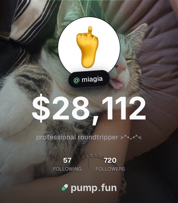 A profile card for the pump.fun trader @miagia displays a profit figure of $28,112 alongside an image of a cuddling cat, with stats showing 720 followers and 57 following. The username "miagia" and the brand "pump.fun" are prominently featured, tying directly to the post's announcement of their official partnership with @PumpfunEco.
