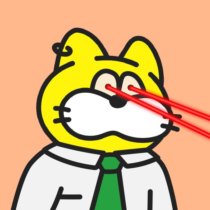 A cartoon yellow cat wearing a white shirt and green tie shoots red laser beams from its eyes against a peach background. The image complements a tweet announcing a Fatty Cats NFT whitelist giveaway with 15 guaranteed spots on Robinhood Crypto.