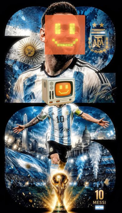 A digital art collage featuring Messi (number 10) in Argentina's kit with his face replaced by a pixelated smiley face, alongside a small retro computer-bot character, set against a backdrop of the World Cup trophy and Argentine landmarks. The image ties to the post's question about Argentina vs. Spain by visually championing Messi/Argentina as the favorite to "lift the trophy."