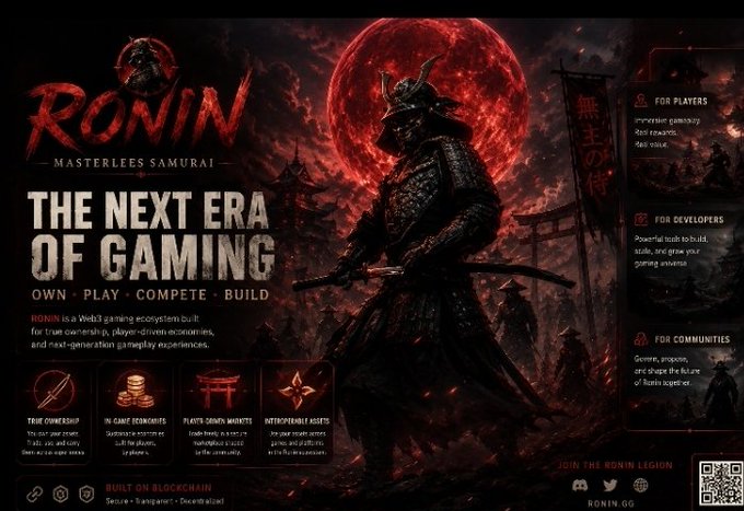 A promotional banner for 'RONIN' described as 'THE NEXT ERA OF GAMING,' featuring a samurai warrior in armor with a sword, set against a red moon backdrop.
